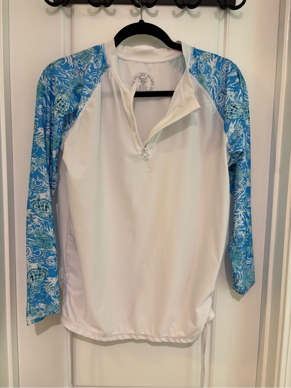 Women's White Swim Coverup with Blue Patterned Sleeves UPF 50